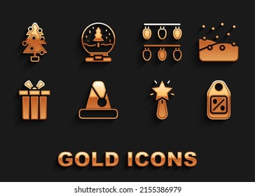 Set Christmas Santa Claus hat, Snowfall, Price tag with Sale, star, Gift box, lights, tree and snow globe icon. Vector