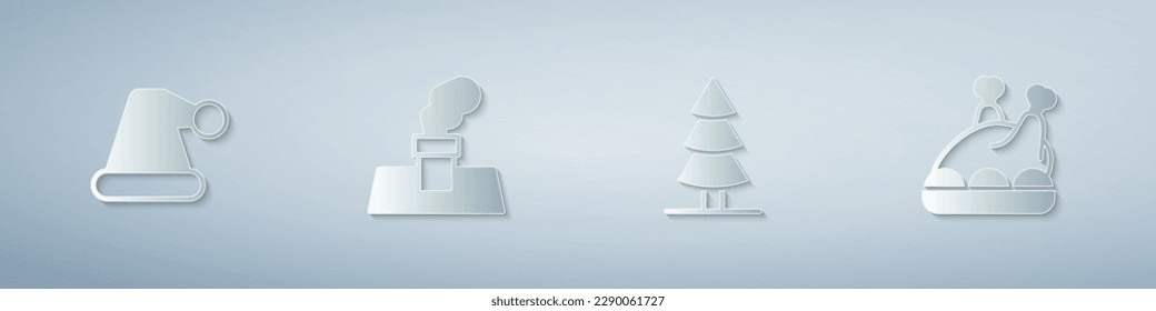 Set Christmas Santa Claus hat, chimney, tree and Roasted turkey or chicken. Paper art style. Vector