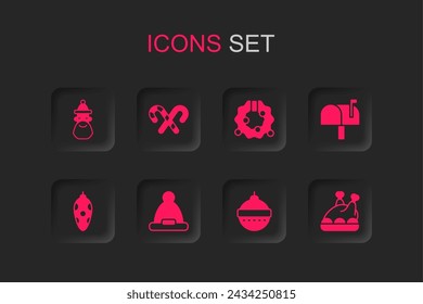 Set Christmas Santa Claus hat, Candy cane with stripes, beard, ball, Mail box, Roasted turkey or chicken, wreath and toy icon. Vector