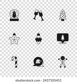 Set Christmas Santa Claus hat, tree, Holiday gingerbread man cookie, toy, snow globe, Glass of champagne and star icon. Vector
