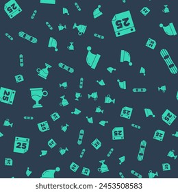 Set Christmas Santa Claus hat, Calendar, Mulled wine and Snowboard on seamless pattern. Vector