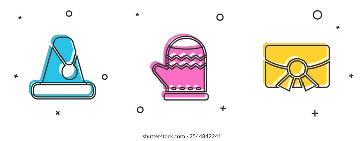 Set Christmas Santa Claus hat, mitten and postcard icon. Vector