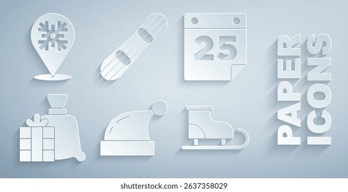 Set Christmas Santa Claus hat, Calendar, bag gift, Figure skates, Snowboard and Snowflake icon. Vector
