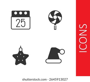 Set Christmas Santa Claus hat, day calendar, star and Lollipop icon. Vector