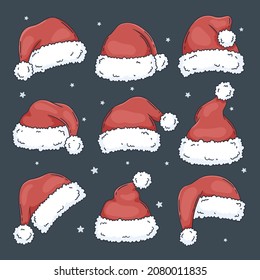 Set of Christmas Santa Claus hats with fur margin. New Year red Santa cap. Vector illustration handdrawn, cute cartoon style. Photo props. 