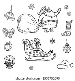 Set of Christmas Santa Claus and holiday gifts. He drags a big bag. Sleigh of Santa Claus and bell.