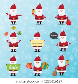 Set of christmas Santa Claus on blue sky background with snowflakes. vector illustration. Merry christmas background