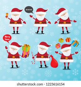 Set of christmas Santa Claus on blue sky background with snowflakes. vector illustration. Merry christmas background