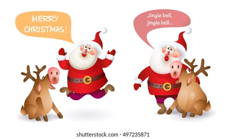 Set of Christmas Santa Claus with reindeer. Vector illustration Santa Claus set for your design. Old men characters. Christmas and New Year theme