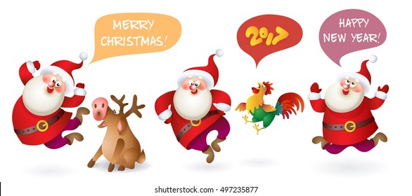 Set of Christmas Santa Claus with reindeer. Vector illustration Santa Claus set for your design. Old men characters. Christmas and New Year theme