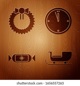Set Christmas santa claus sleigh, Christmas wreath, Candy and Clock on wooden background. Vector