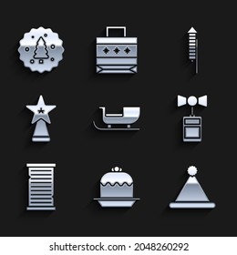 Set Christmas santa claus sleigh, Cake, Santa Claus hat, Price tag with inscription Sale, wish list template, star, Firework rocket and Cookie biscuit chocolate icon. Vector