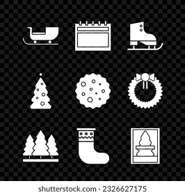 Set Christmas santa claus sleigh, Calendar, Figure skates, trees, stocking, postcard, with decorations and Cookie biscuit chocolate icon. Vector