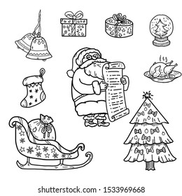 Set of Christmas Santa Claus, Christmas tree and holiday gifts. Santa is reading a wishlist.
