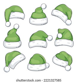 Set of Christmas Santa Elf hats with fur margin. Party green elves caps. Vector illustration handdrawn, cute cartoon style. Photo props. 