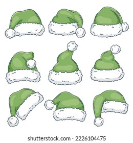 Set of Christmas Santa Elf hats with fur margin. Party green elves caps. Vector illustration handdrawn, cute cartoon style. Photo props. 