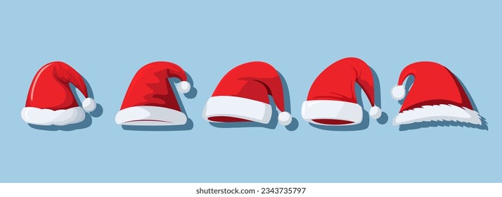 Set christmas santa hat in flat style isolated on blue background. Vector illustration
