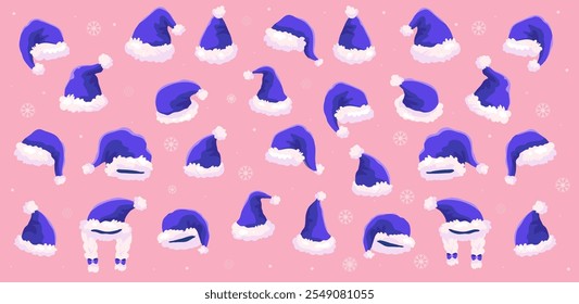 Set of Christmas Santa hats. New Year blue hat isolated on transparent background. Blue hat on a pink background