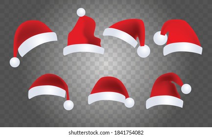 Set of christmas santa hats on transparent background