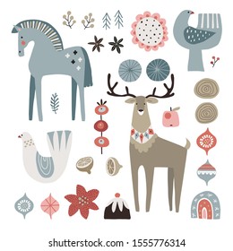 Set of Christmas Scandinavian animals and natural elements. Dala horse, dove birds, Christmas ornametns, flowers, fruit and reindeer. Nordic retro design. Isolated vector illustration objects.