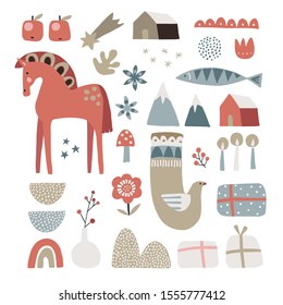 Set of Christmas Scandinavian animals and natural elements. Dala horse, dove bird, fish, gift boxes, flowers, candles and berries. Nordic retro flat design. Isolated vector illustration objects.