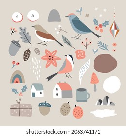 Set of Christmas Scandinavian animals and natural elements. Birds, Christmas ornaments, poinsettia flowers and berries. Abstract organic shapes. Retro design. Isolated vector illustrations.