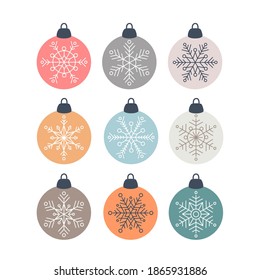 Set of Christmas scandinavian decorations glass ball with snowflakes, vector illustration in flat style