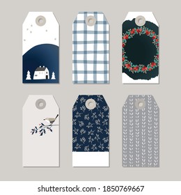 Set of Christmas Scandinavian gift tags, labels. Snowy landscape with house, floral wreath and bird on holly branch. Knitted and checkered plaid pattern. Nordic design. Winter vector illustrations.