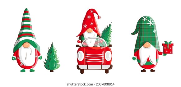 Set von Weihnachtsskandinavien Gnome mit einem LKW und neuen Jahresbaum. Urlaubstext oder Karte. Vektorgrafik