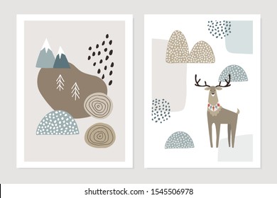 Set of Christmas Scandinavian greeting cards, invitations. Abstract winter textured landscape with reindeer, fir trees, mountains and snow. Nordic retro design, Vector illustration background.