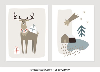 Set of Christmas Scandinavian greeting cards, invitations. Abstract winter textured landscape with house, falling star and reindeer with gift boxes. Nordic retro design, Vector illustration background