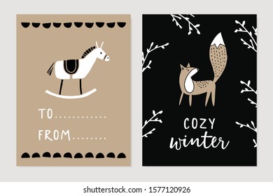 Set of Christmas Scandinavian greeting cards, invitations. Cute wooden horse toy and fox with bare tree branches. Nordic kids design. Winter vector illustration background.s, posters. Gift labels.