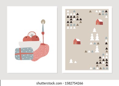 Set of Christmas Scandinavian greeting cards, invitations. Abstract winter snowy landscape with red houses and trees and festive table setting. Nordic winter design. Vector illustration background.