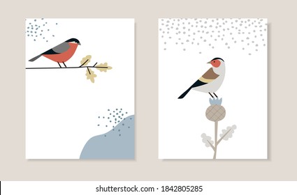 Set of Christmas Scandinavian greeting cards, invitations. Bullfinch bird siting on oak branch. European goldfinch with thistle and falling snow. Nordic retro design, Vector illustration background.