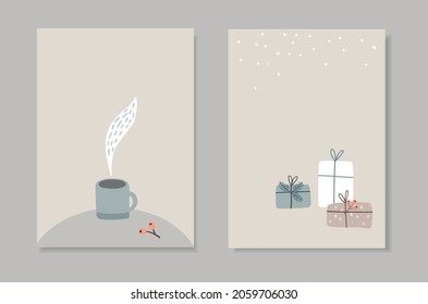 Set of Christmas Scandinavian greeting cards, invitations. Steaming cup of tea, coffee with berries. Gdecorative gft boxes with snow. Nordic vintage winter design. Retro vector illustration background