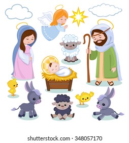 Set of Christmas scene elements. Cartoon nativity  holy family.