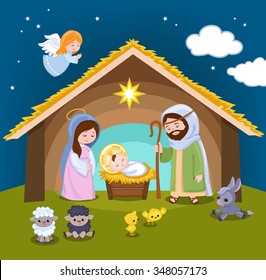 Set of Christmas scene elements. Cartoon nativity  holy family.