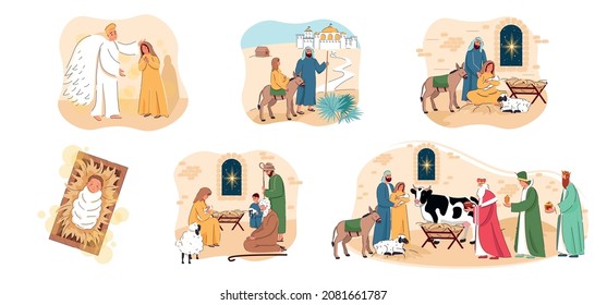 Set of Christmas scenes. Bundle of Nativity backgrounds. Holy Family and Baby Jesus and in manger at night with Bethlehem star. Mary and Joseph. Merry Christmas vector illustration. The birth of Jesus