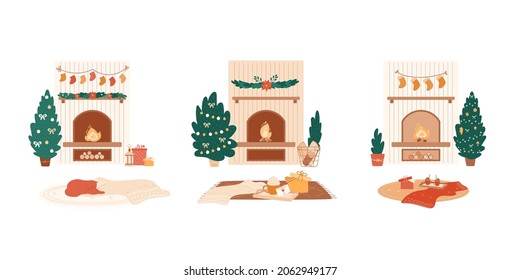 Set of Christmas scenes with fire places, carpets with blankets, gift boxes, cute cat, hot drink. Decorated elements, trees, potted winter plants. Cozy home interior, vector socks, poinsettia garland