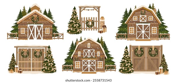 A set of Christmas scenes with houses, Christmas trees, gates and snowfall. Winter farm scenes with cottages, a fir forest, and gates decorated for Christmas. Illustrated vector clipart.