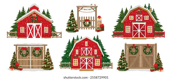 A set of Christmas scenes with red houses, Christmas trees and gates. Winter farm scenes with houses, a fir forest, and gates decorated for Christmas. Illustrated vector clipart.