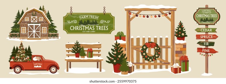 A set of Christmas scenes with Christmas trees, a house, Signage. A Christmas road sign, a gate with a wreath, a car with a Christmas tree, a house with a forest, a bench. Snowy village scene.