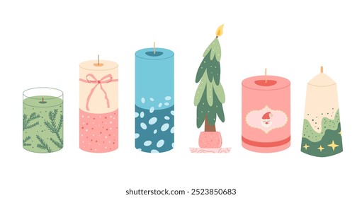 Set of Christmas scented candles. Vector hand drawn collection illustration isolated on white background.