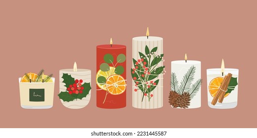 Conjunto de soja perfumada de Navidad, velas de cera de parafina con naranjas secas, canela, vegetación de invierno, bayas en vidrio y contenedor. Colección de velas de Aroma. Cero regalos ecológicos de basura. Vector dibujado a mano