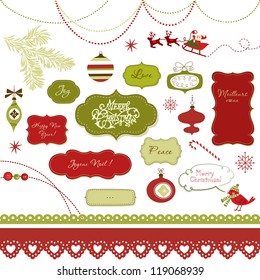 A set of Christmas scrapbook elements, vintage frames, ribbons, ornaments