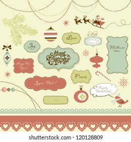 A set of Christmas scrapbook elements, vintage frames, ribbons, ornaments