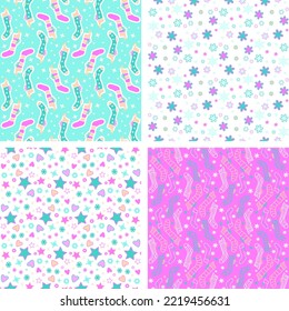 A set of Christmas seamless backgrounds. Doodle illustration with socks for Santa. A simple drawing. Four Festive textures. Flat pattern for packaging.