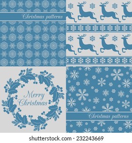 Set of Christmas seamless backgrounds, red. Snowflake, deer, holy wreath