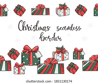 Set of Christmas seamless borders with gift boxes. Vector illustration.