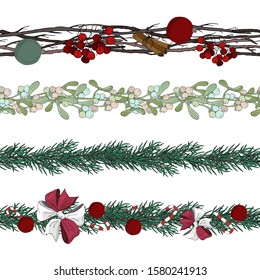 Set of christmas seamless brushes. Mistletoe branch. Christmas tree branch. Dry branches with Christmas decorations and bows.